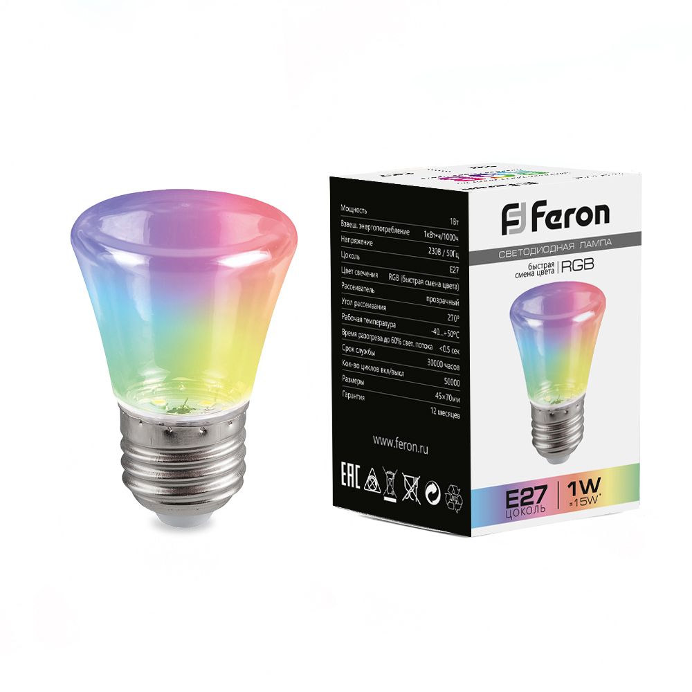 

Лампочка светодиодная FERON LB-372, 1Вт E27 230V RGB, упаковка 10 шт, 38131, LB-372