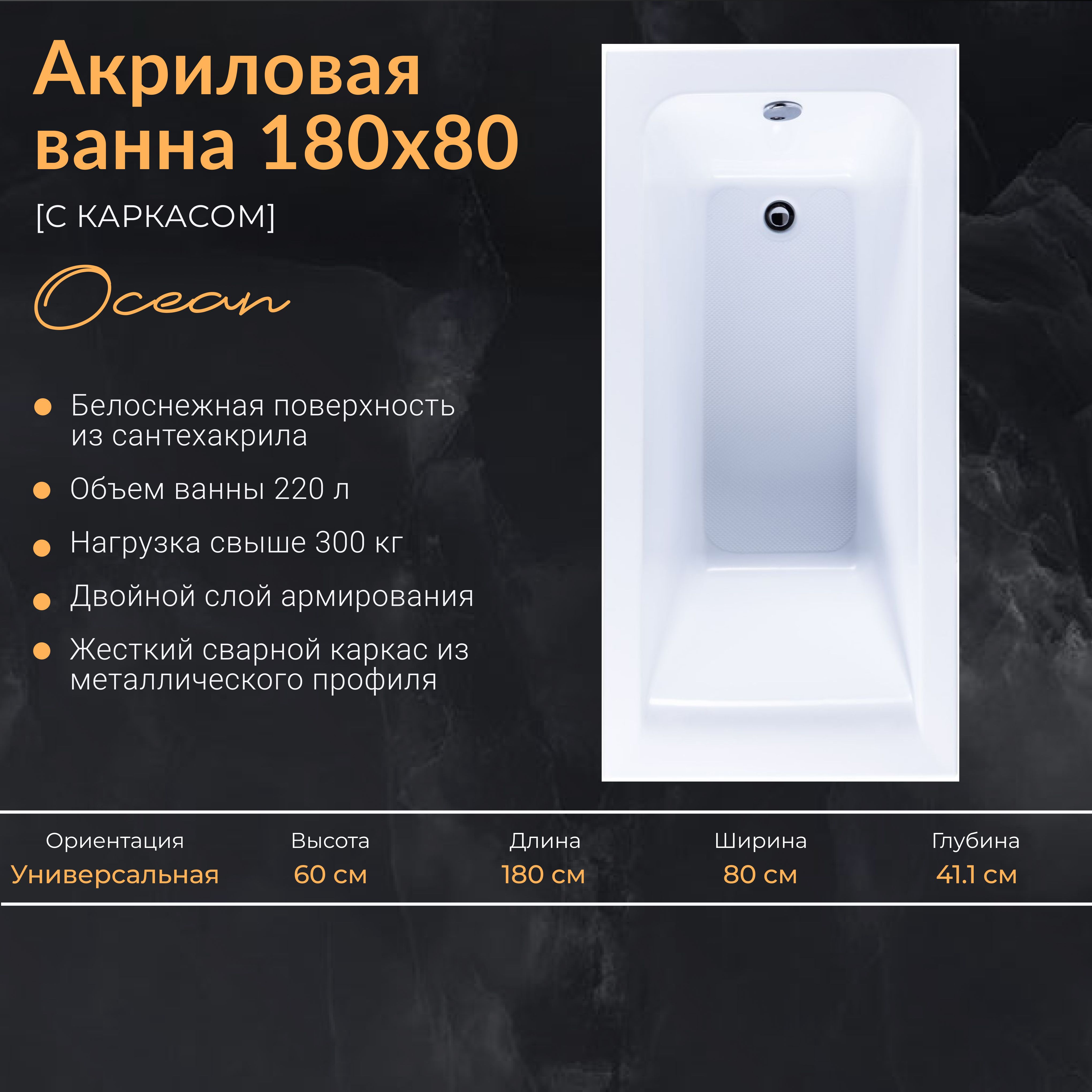 Акриловая ванна Nixx Ocean 180x80 (с каркасом) труба blue ocean