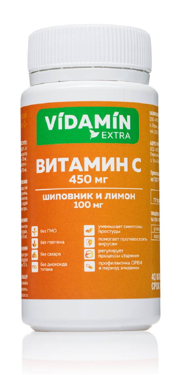 Купить Витамин С с шиповником и лимоном общеукрепляющее 450+100 мг, Витамин С VIDAMIN EXTRA с шиповником и лимоном общеукрепляющее 450+100мг капсулы 40 шт.