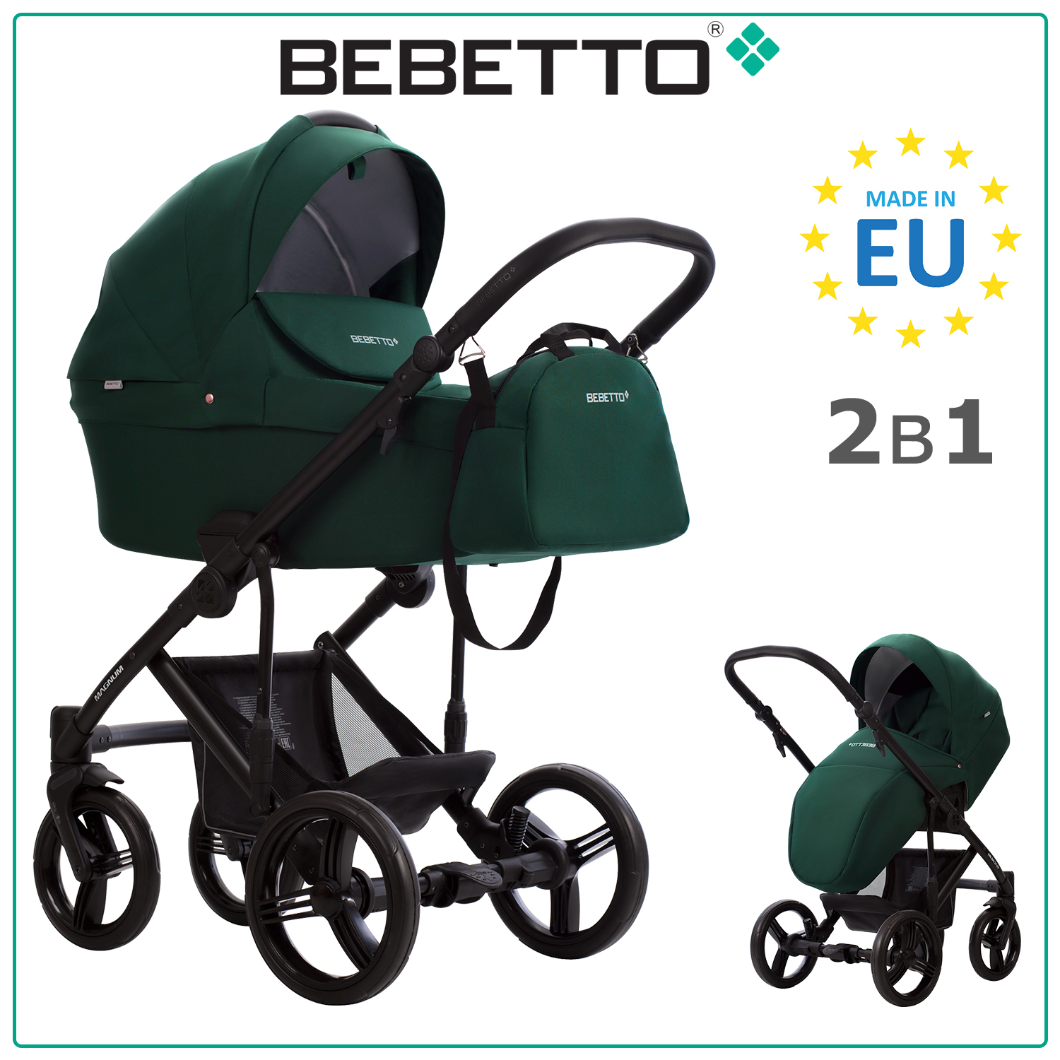 Коляска детская Bebetto 2 в 1 Magnum LIGHT 04 темно-зеленый рама черная 0 49584₽