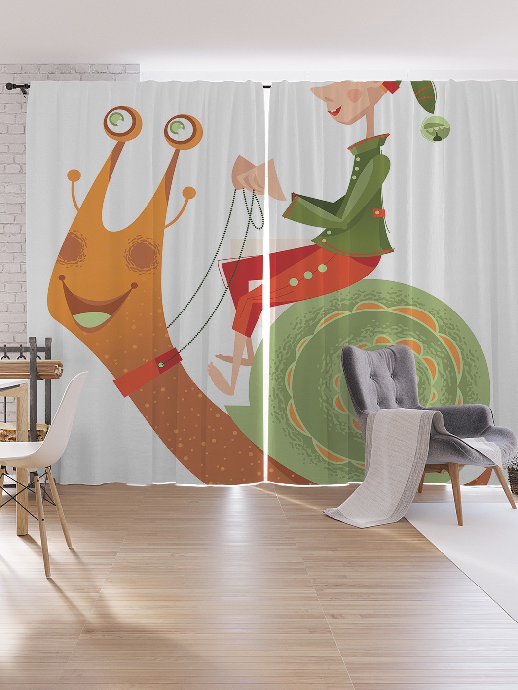 

Шторы под лён JoyArty "Гномик на улитке", серия Oxford DeLux, 340х265 см, Гномик на улитке