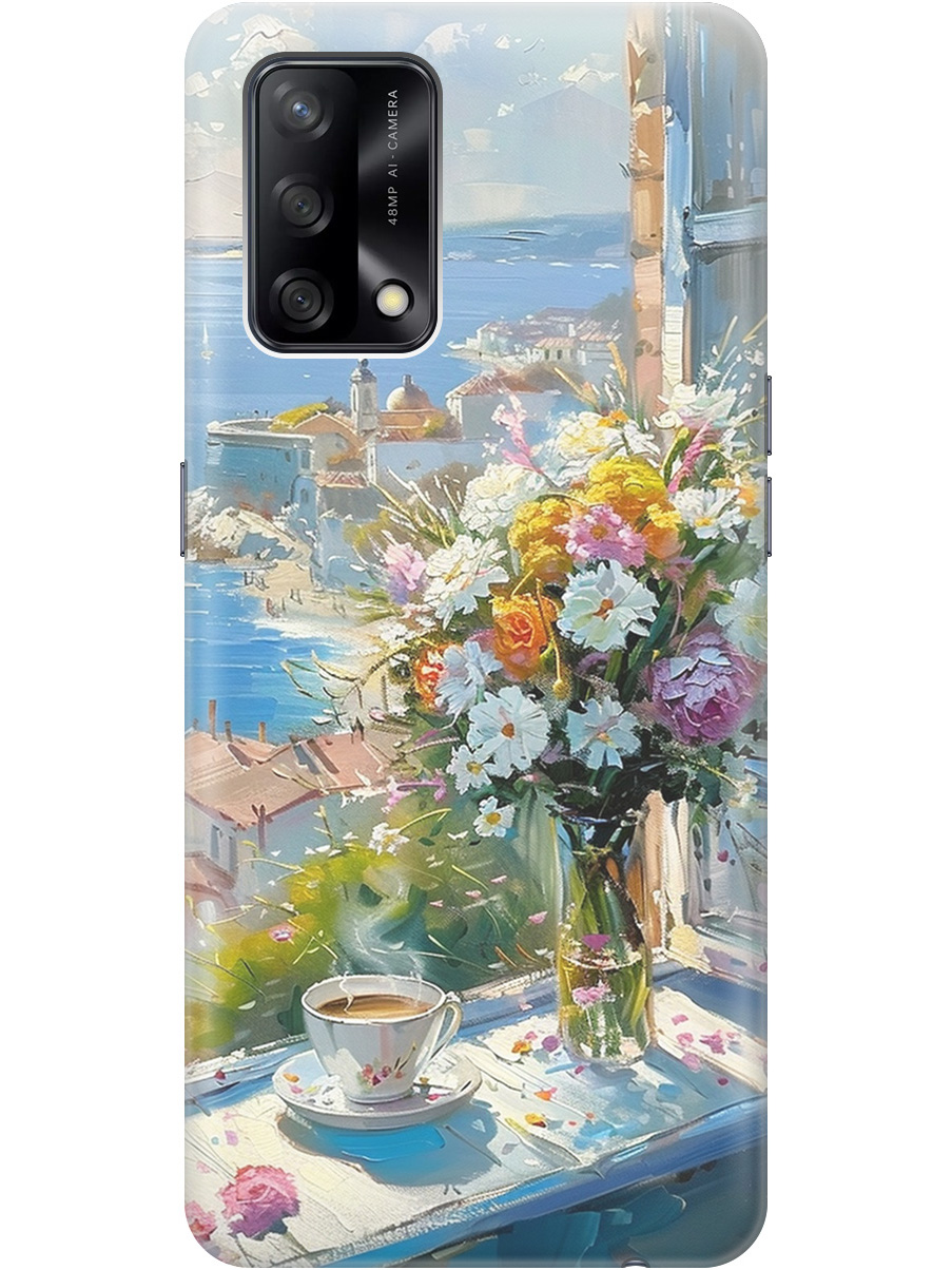 

Силиконовый чехол на OPPO A74 с принтом "Букет цветов и кофе", Прозрачный;белый;голубой, 726147222