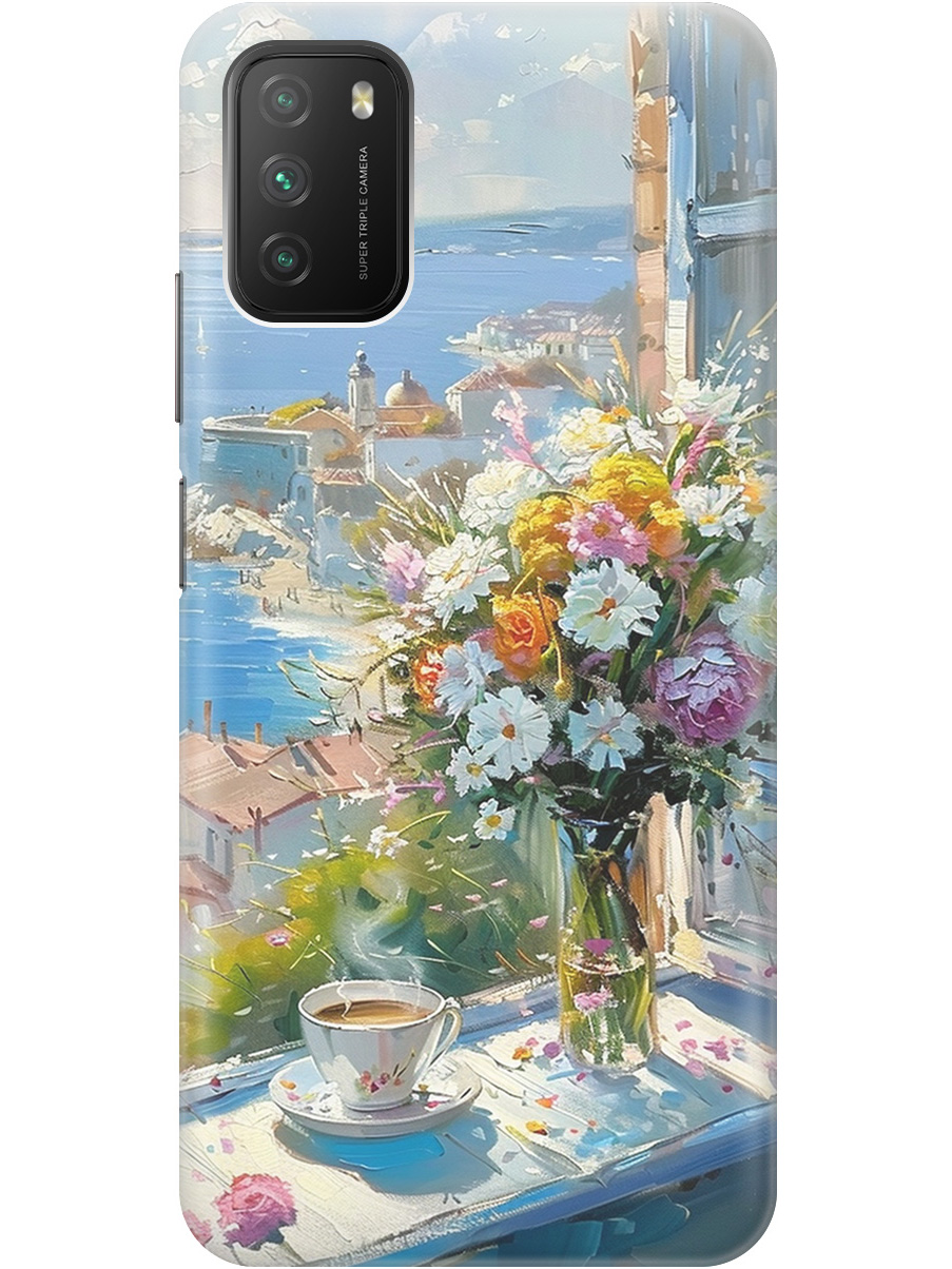 

Силиконовый чехол на Xiaomi Redmi 9T / Poco M3 с принтом "Букет цветов и кофе", Прозрачный;белый;голубой, 724142722