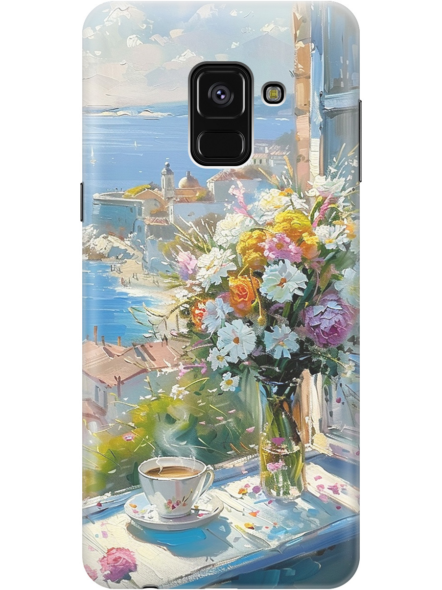 

Силиконовый чехол на Samsung Galaxy A8+ (2018) с принтом "Букет цветов и кофе", Прозрачный;белый;голубой, 716847622