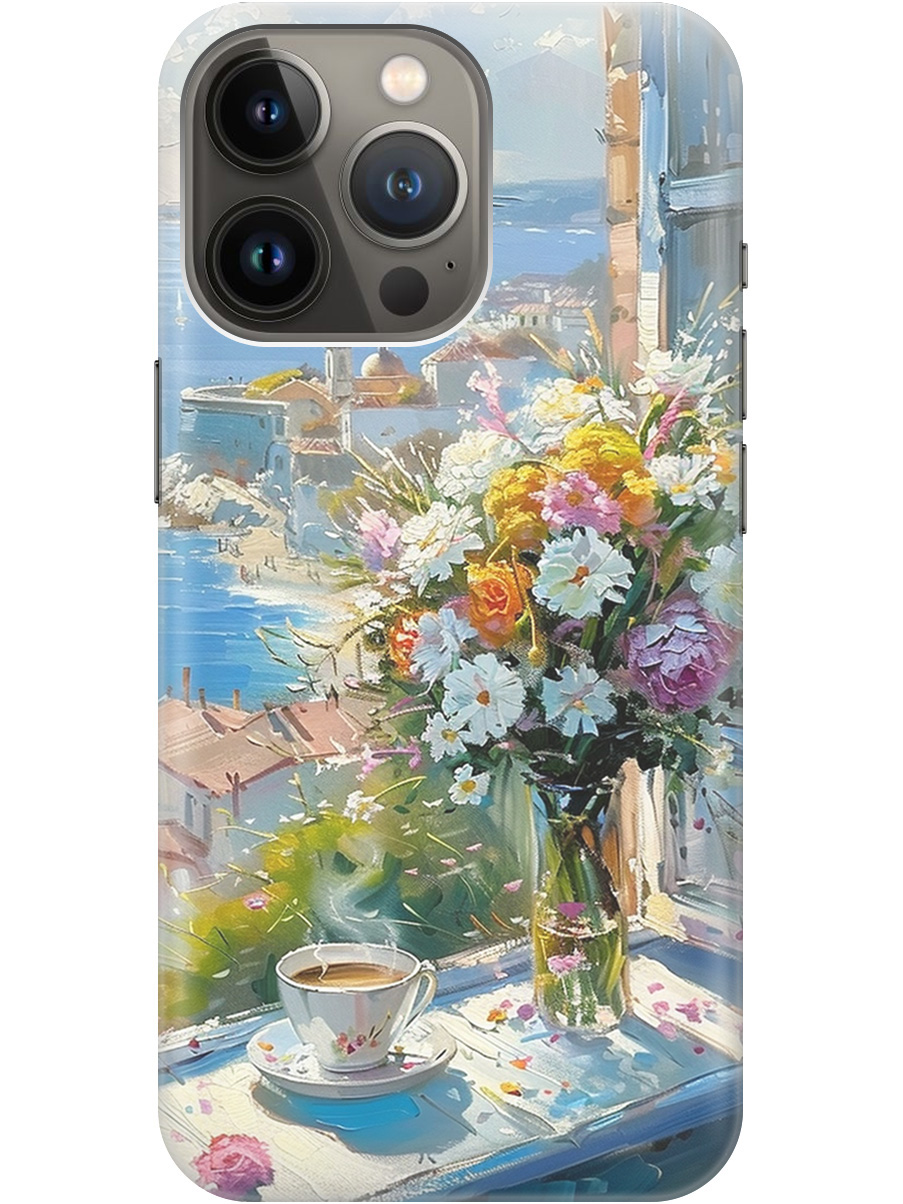 

Силиконовый чехол на Apple iPhone 13 Pro Max с принтом "Букет цветов и кофе", Прозрачный;белый;голубой, 732247322