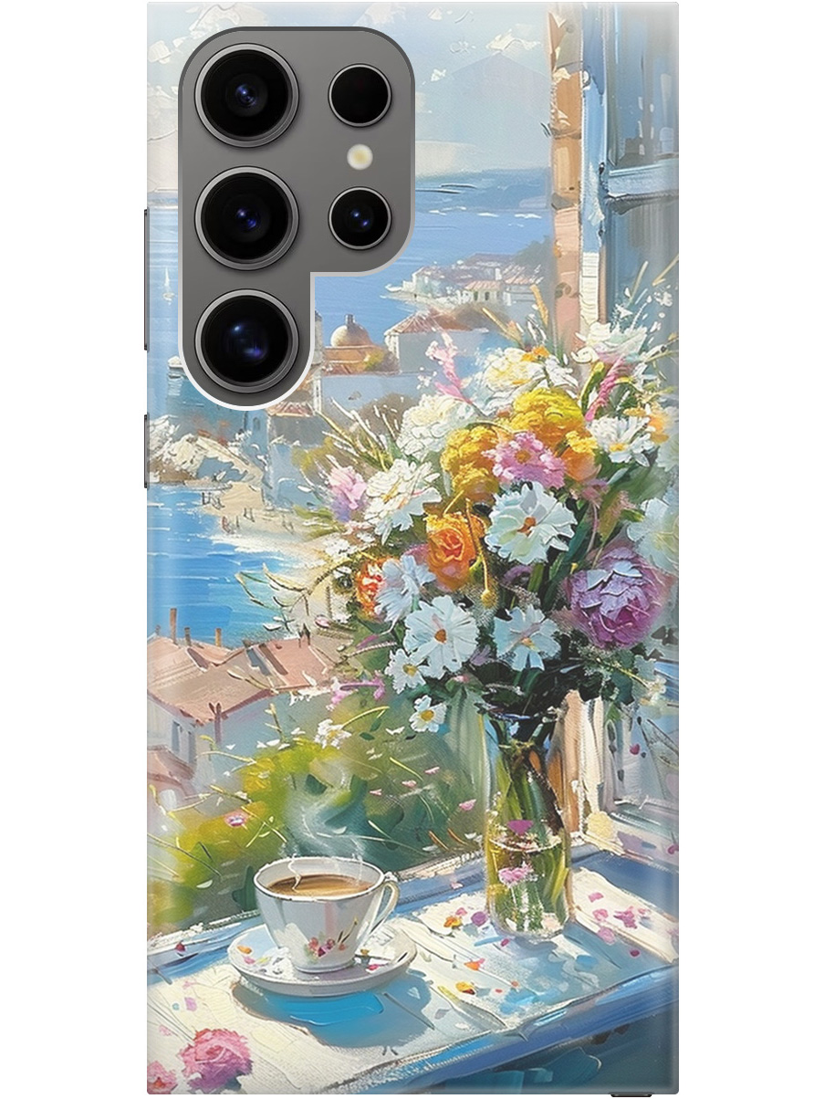

Силиконовый чехол на Samsung Galaxy S24 Ultra с принтом "Букет цветов и кофе", Прозрачный;белый;голубой, 779823522
