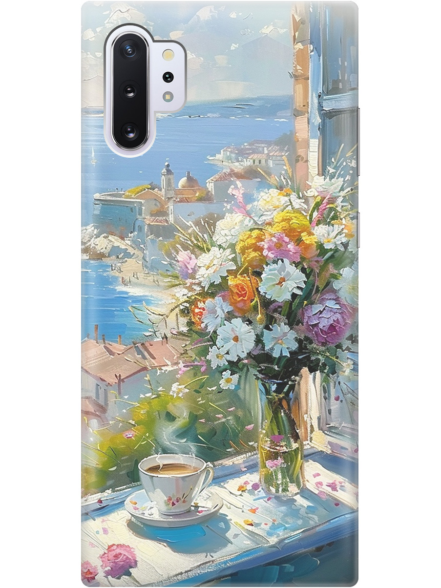 

Силиконовый чехол на Samsung Galaxy Note 10+ с принтом "Букет цветов и кофе", Прозрачный;белый;голубой, 721799122