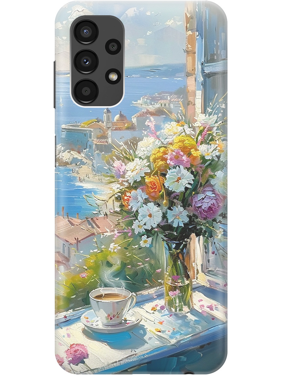 

Силиконовый чехол на Samsung Galaxy A13 4G с принтом "Букет цветов и кофе", Прозрачный;белый;голубой, 740132722