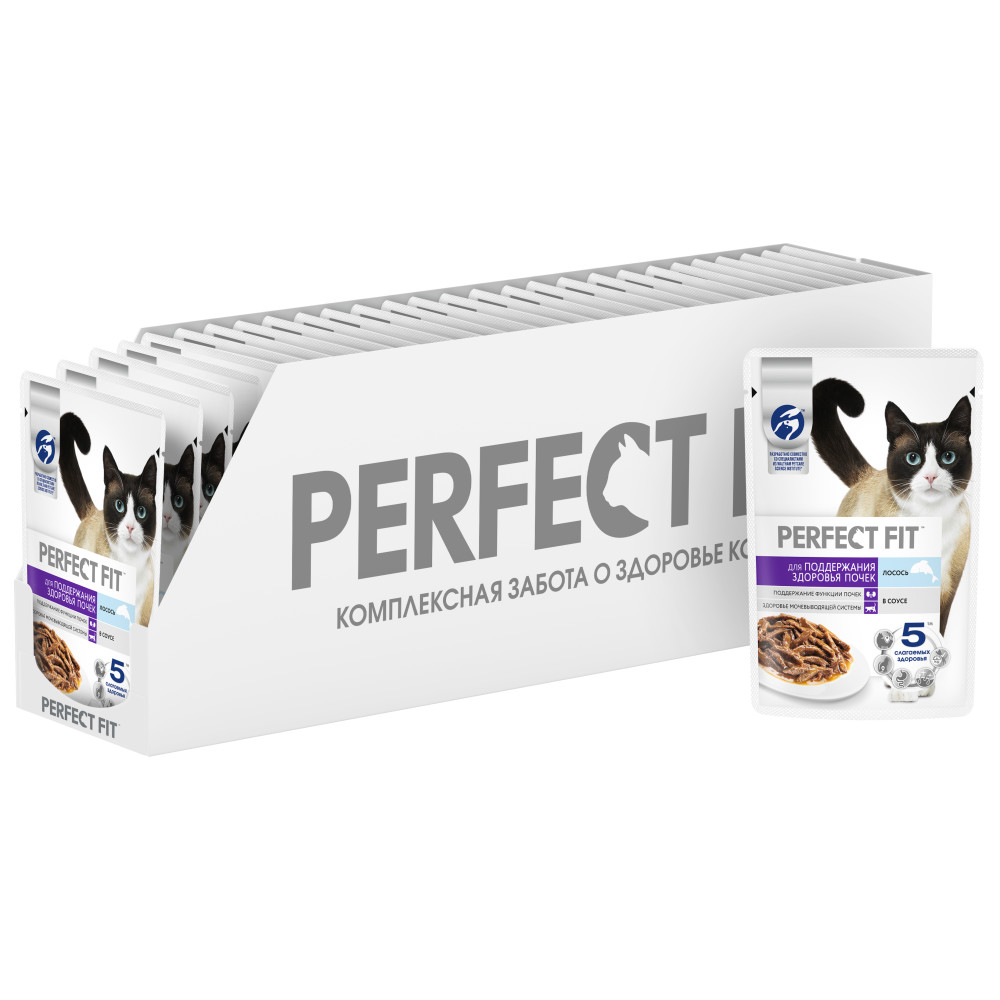 

Влажный корм Perfect Fit для поддержания здоровья почек, с лососем в соусе, 28 шт x 75г, Здоровье почек