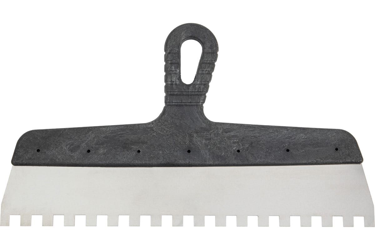 Зубчатый шпатель КЭС 10x10 мм, нержавеющая сталь, пластиковая рукоятка, 350 мм 10000057