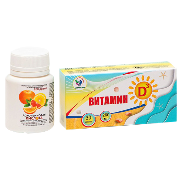 

Аскорбиновая кислота Vitamuno драже 200 шт. + Витамин D3 капсулы 260 мг 30 шт.