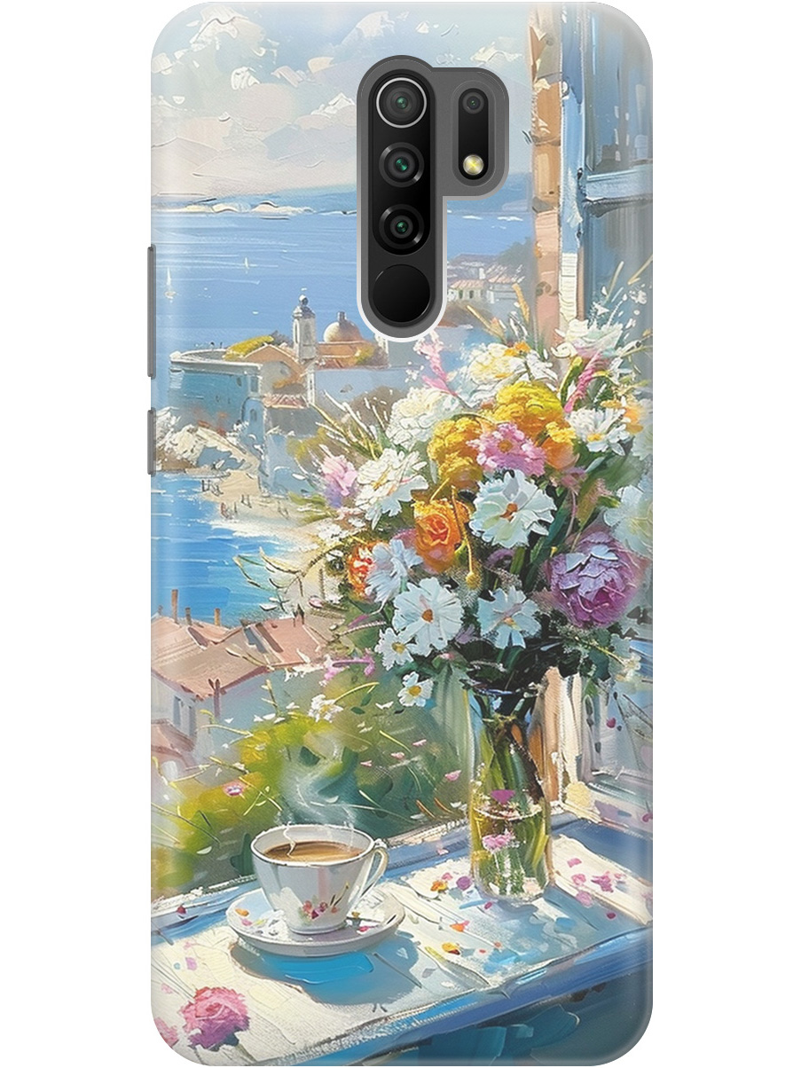 

Силиконовый чехол на Xiaomi Redmi 9 с принтом "Букет цветов и кофе", Прозрачный;белый;голубой, 723276722