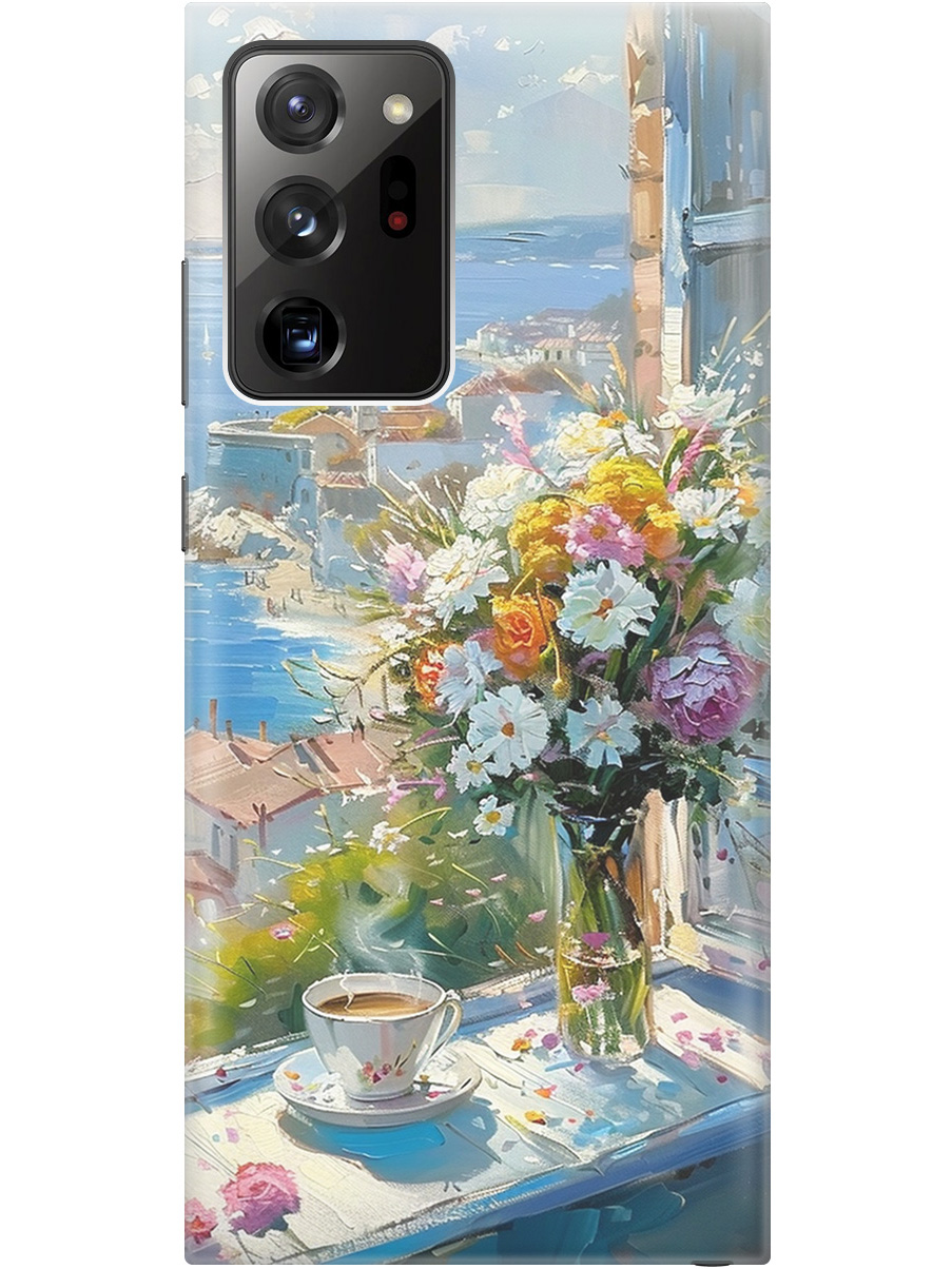 

Силиконовый чехол на Samsung Galaxy Note 20 Ultra с принтом "Букет цветов и кофе", Прозрачный;белый;голубой, 723276422