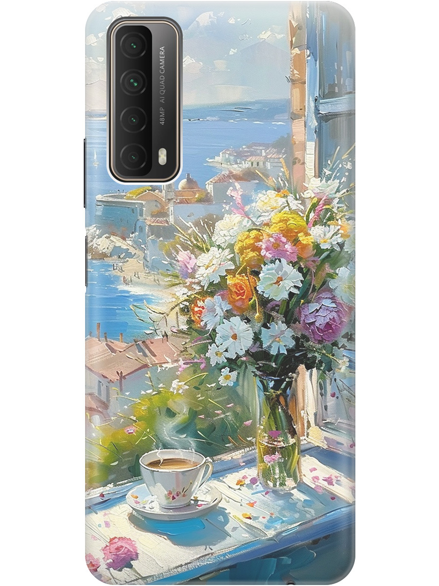 

Силиконовый чехол на Huawei P Smart (2021) с принтом "Букет цветов и кофе", Прозрачный;белый;голубой, 723603022