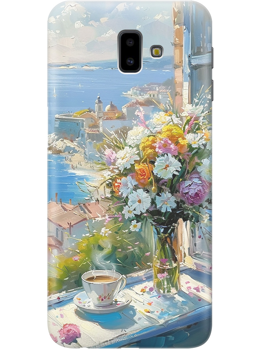 

Силиконовый чехол на Samsung Galaxy J6+ (2018) с принтом "Букет цветов и кофе", Прозрачный;белый;голубой, 719355822