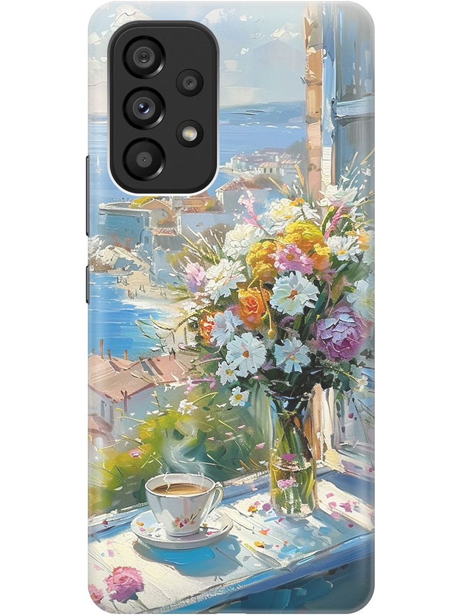 

Силиконовый чехол на Samsung Galaxy A53 5G с принтом "Букет цветов и кофе", Прозрачный;белый;голубой, 740133022