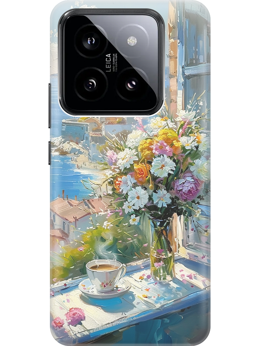 

Силиконовый чехол на Xiaomi 14 Pro с принтом "Букет цветов и кофе", Прозрачный;белый;голубой, 777771022
