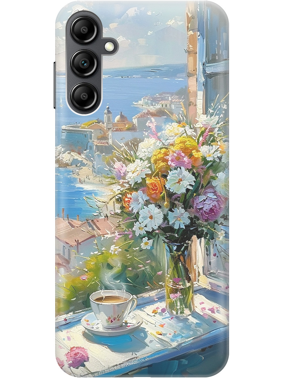 

Силиконовый чехол на Samsung Galaxy A14 с принтом "Букет цветов и кофе", Прозрачный;белый;голубой, 768741422