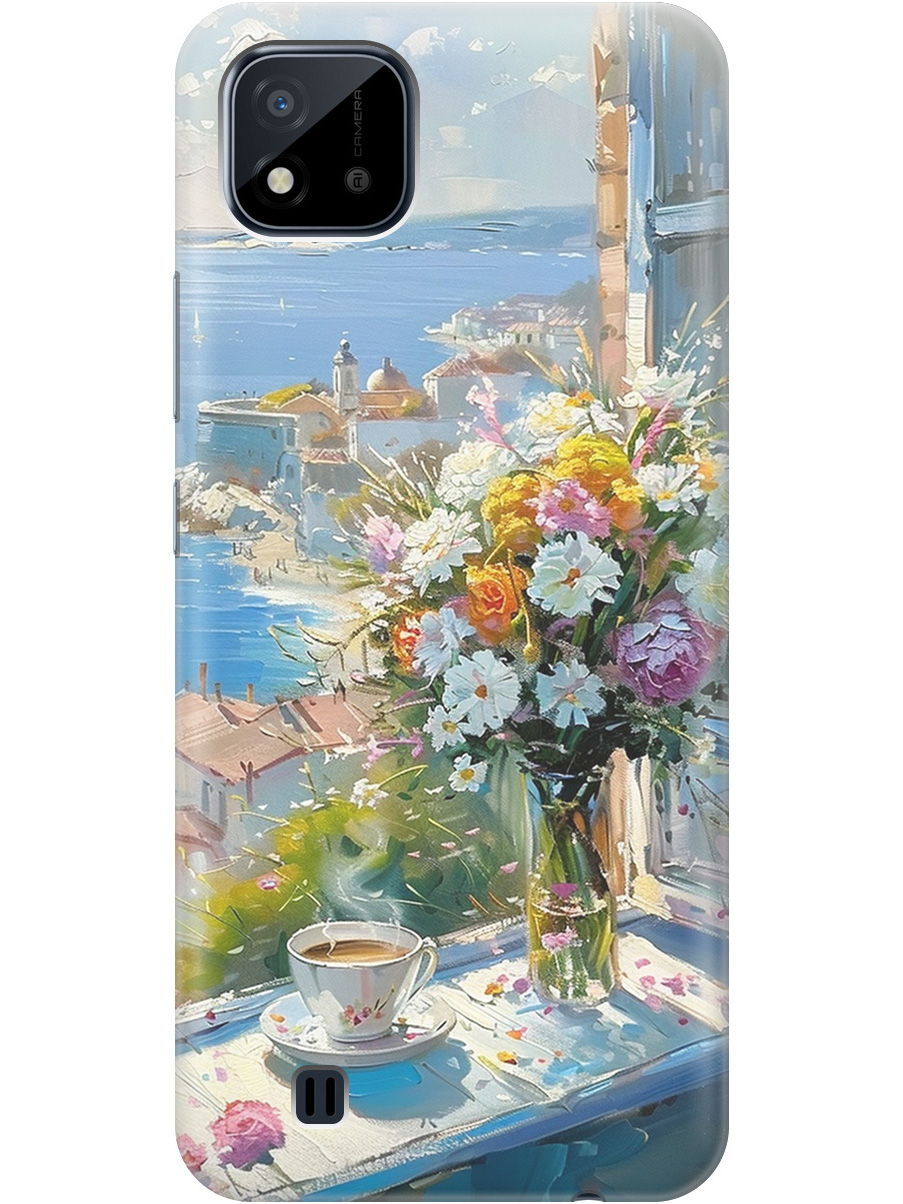 

Силиконовый чехол на realme C20 / C11 (2021) с принтом "Букет цветов и кофе", Прозрачный;белый;голубой, 726147422