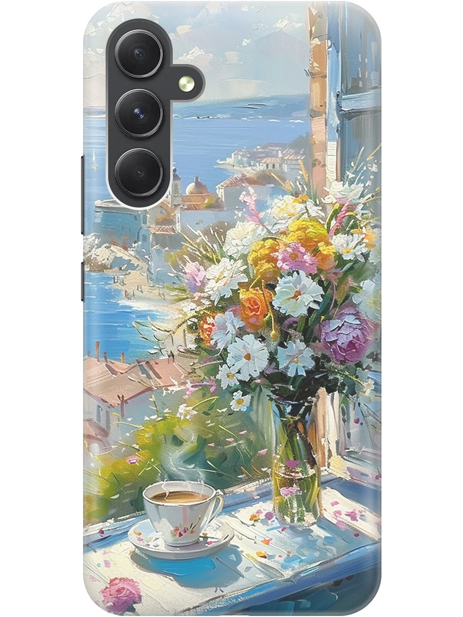 

Силиконовый чехол на Samsung Galaxy A54 5G с принтом "Букет цветов и кофе", Прозрачный;белый;голубой, 769297622