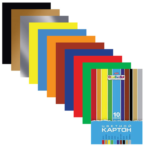 Картон цветной мелованный Hatber Creative (10 листов, 10 цветов, А4, 195х280мм), 20 уп