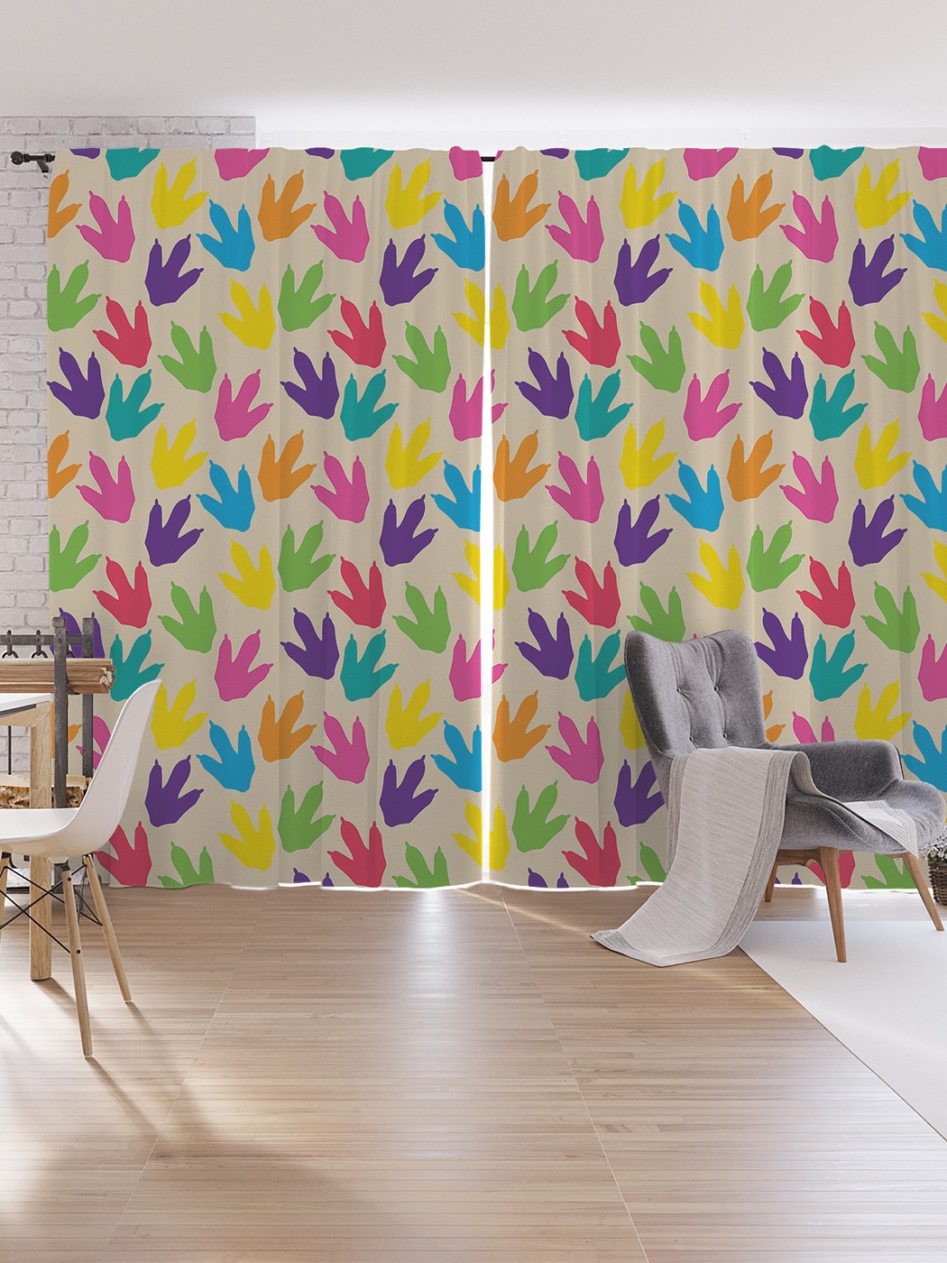 

Шторы под лён JoyArty "Цветные следы динозавров", серия Oxford DeLux, 340х265 см, Цветные следы динозавров