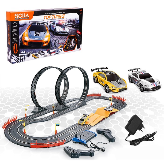 

Автотрек TOP TURBO, с 2 машинами 1:43, длина 560 см, работает от сети, Разноцветный