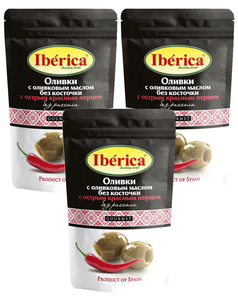 

Оливки Iberica с Оливковым Маслом и Острым Красным Перцем без Косточки 70 гр - 3 шт