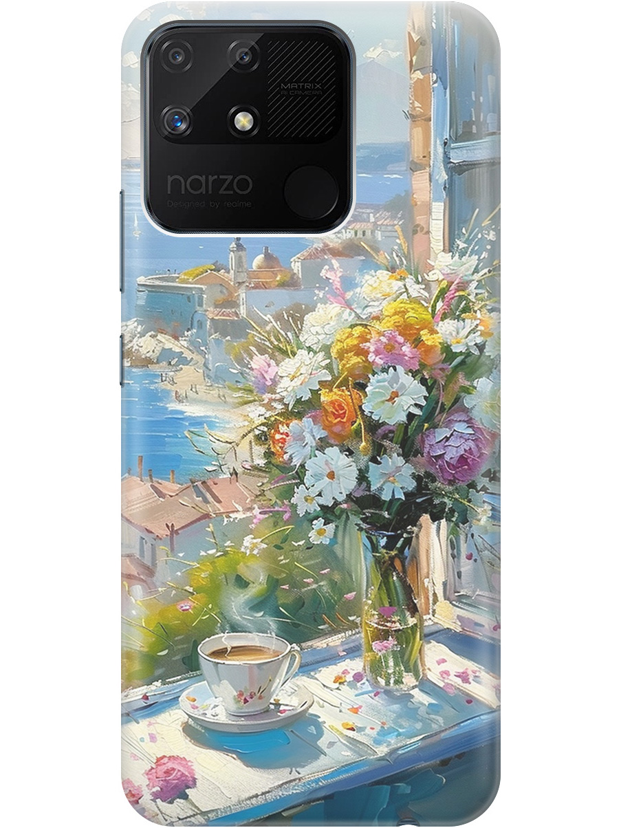 

Силиконовый чехол на Realme narzo 50A с принтом "Букет цветов и кофе", Прозрачный;белый;голубой, 740189922