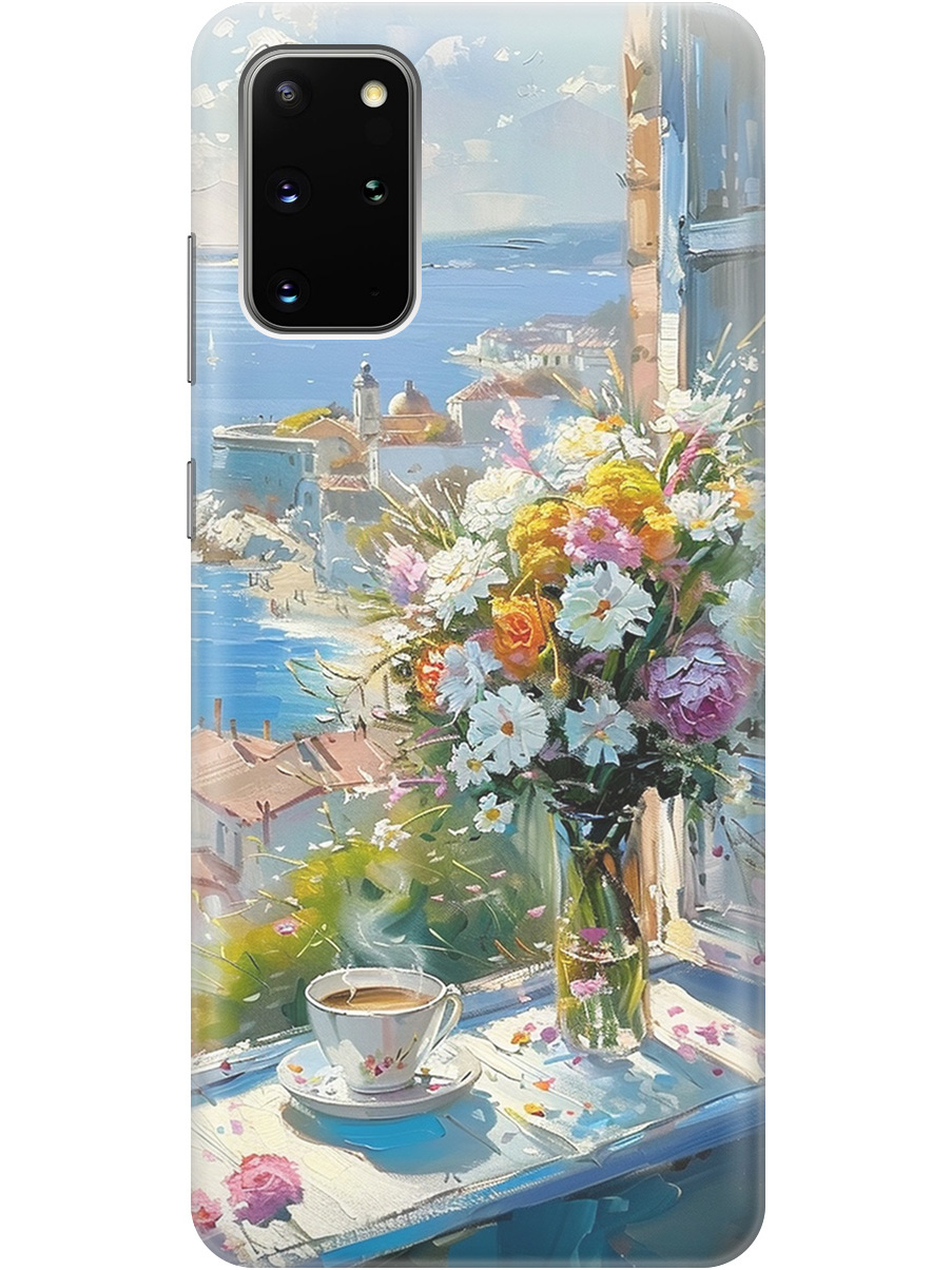 

Силиконовый чехол на Samsung Galaxy S20+ с принтом "Букет цветов и кофе", Прозрачный;белый;голубой, 722628522