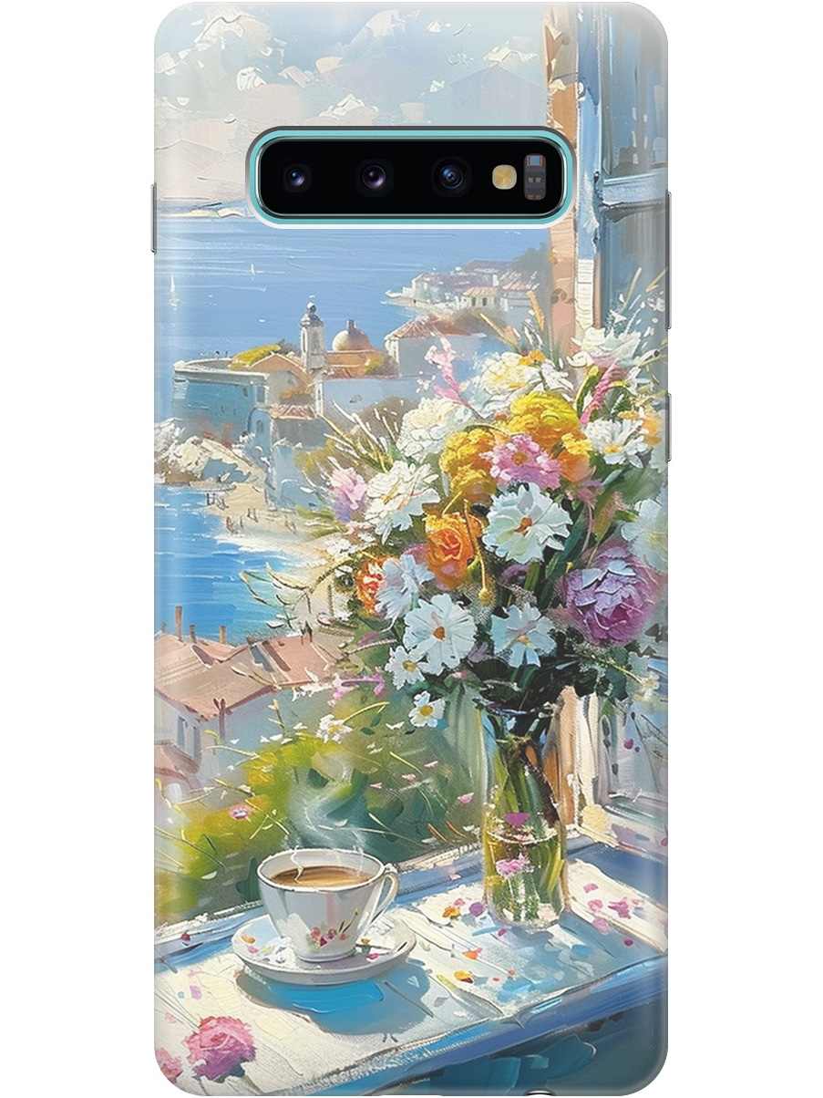 

Силиконовый чехол на Samsung Galaxy S10+ с принтом "Букет цветов и кофе", Прозрачный;белый;голубой, 720461122