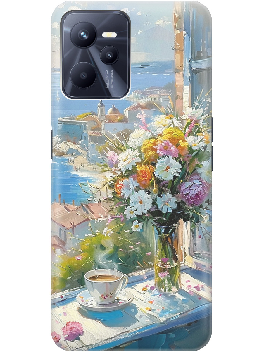 

Силиконовый чехол на Realme C35 с принтом "Букет цветов и кофе", Прозрачный;белый;голубой, 741744622