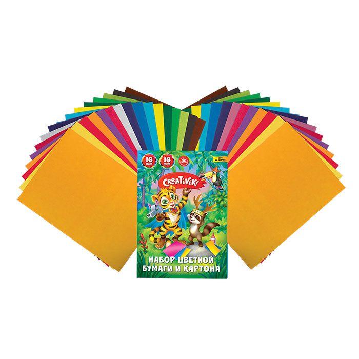 Набор цветной бумаги и картона Creativiki (16 л картона, 16 л бумаги) в папке, 25 уп