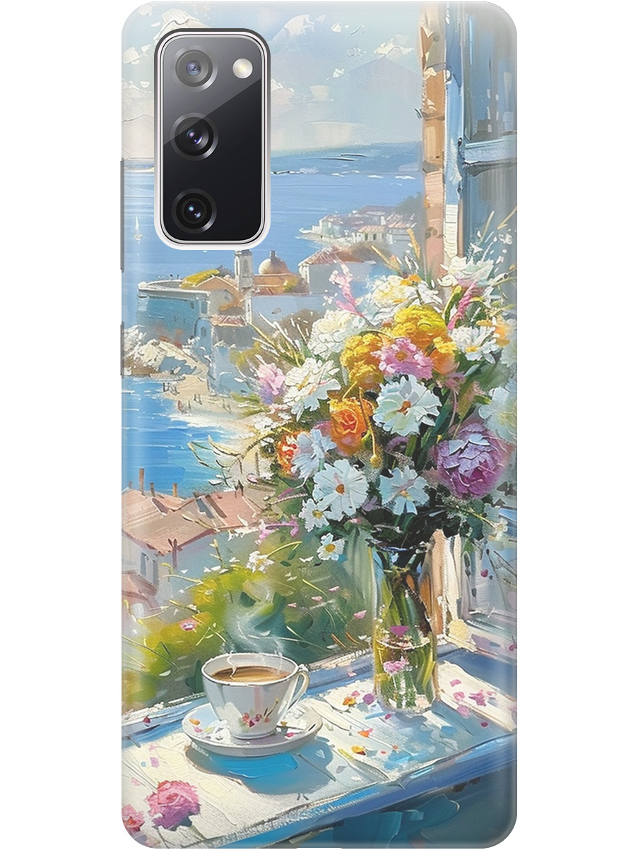 

Силиконовый чехол на Samsung Galaxy S20 FE с принтом "Букет цветов и кофе", Прозрачный;белый;голубой, 723485422