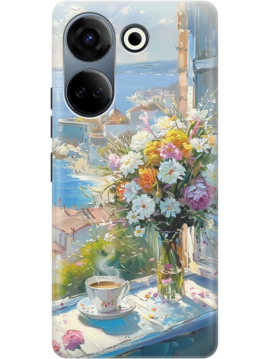 

Силиконовый чехол на Tecno Camon 20 / 20 Pro с принтом "Букет цветов и кофе", Прозрачный;белый;голубой, 772566022