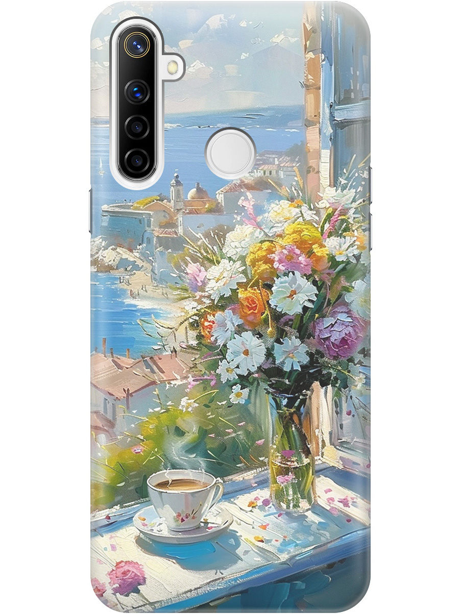 

Силиконовый чехол на realme 5 / 6i / C3 с принтом "Букет цветов и кофе", Прозрачный;белый;голубой, 726149622