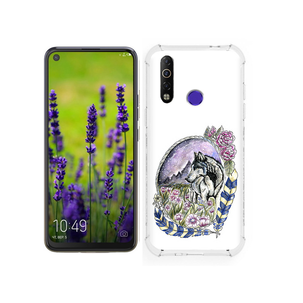 

Чехол MyPads Tocco для Tecno Camon 12 нарисованный волк в цветах с перьями, Прозрачный, Tocco