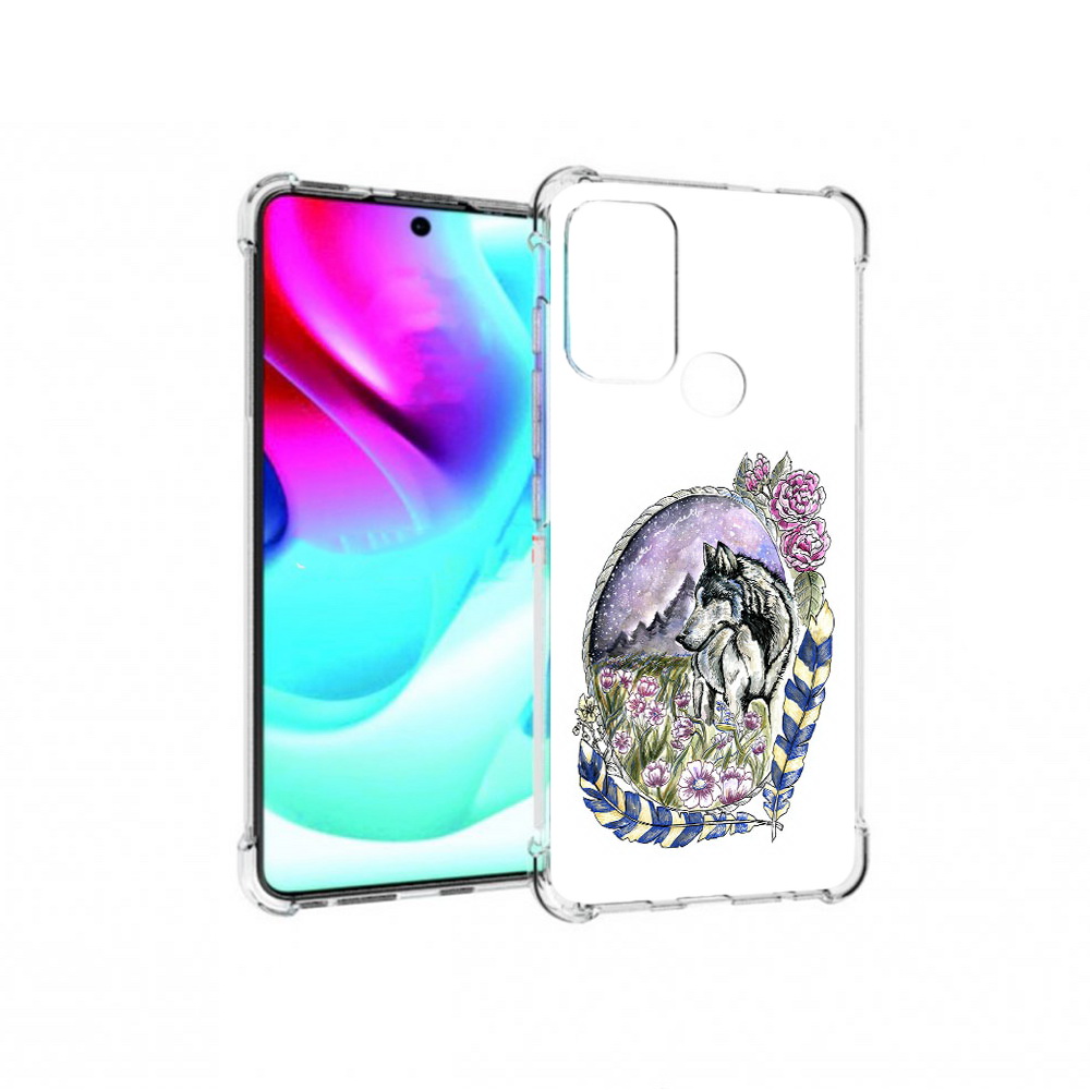 

Чехол MyPads Tocco для Motorola Moto G60S нарисованный волк в цветах с перьями, Прозрачный, Tocco