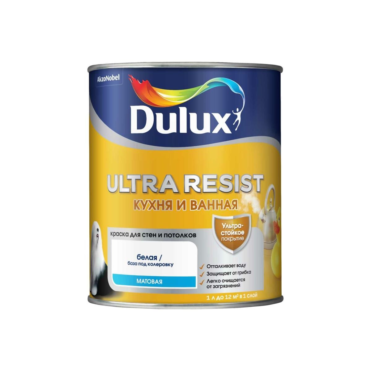 Краска Dulux Ultra Resist кухня и ванная матовая, BW, 1 л