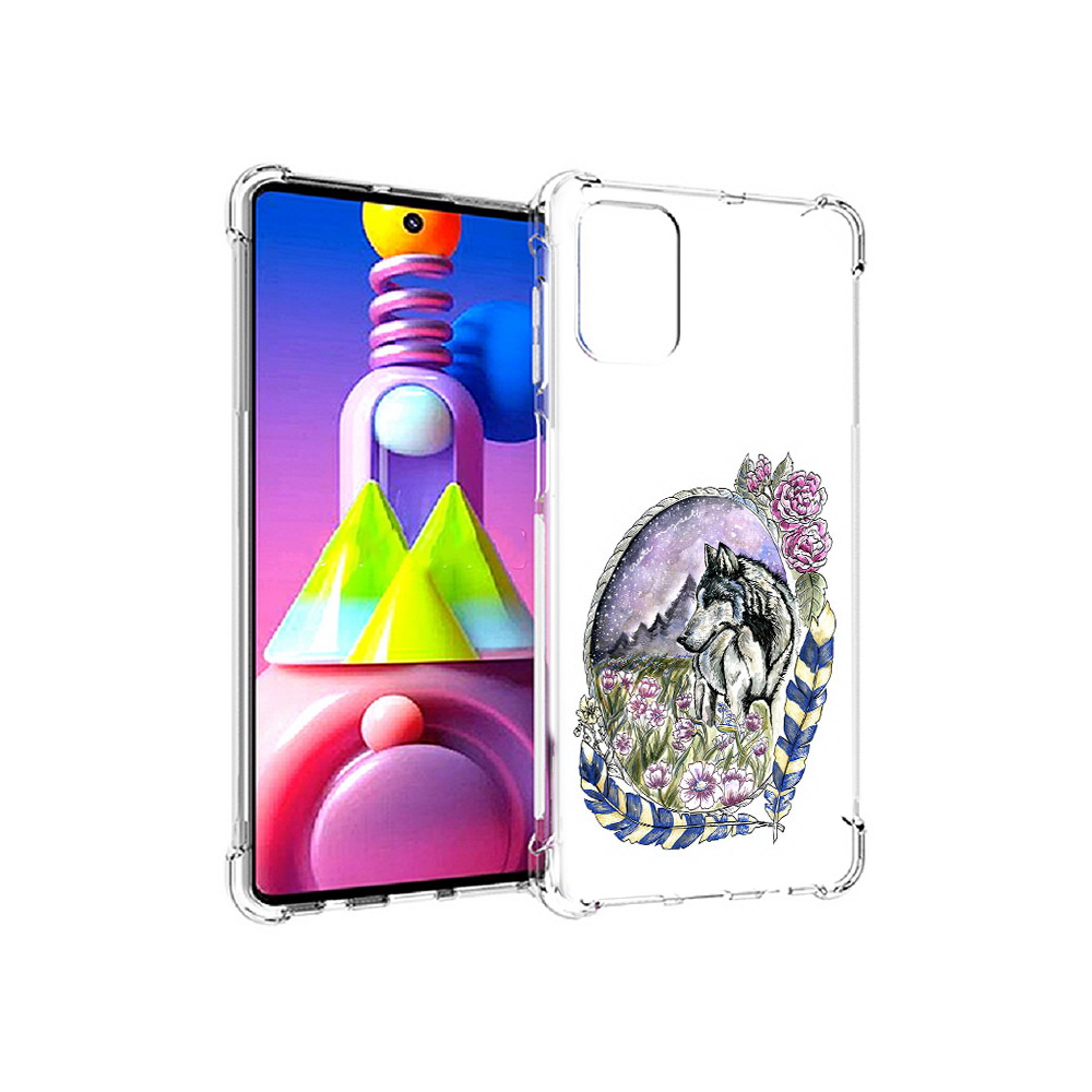 

Чехол MyPads Tocco для Samsung Galaxy M51 нарисованный волк в цветах с перьями, Прозрачный, Tocco