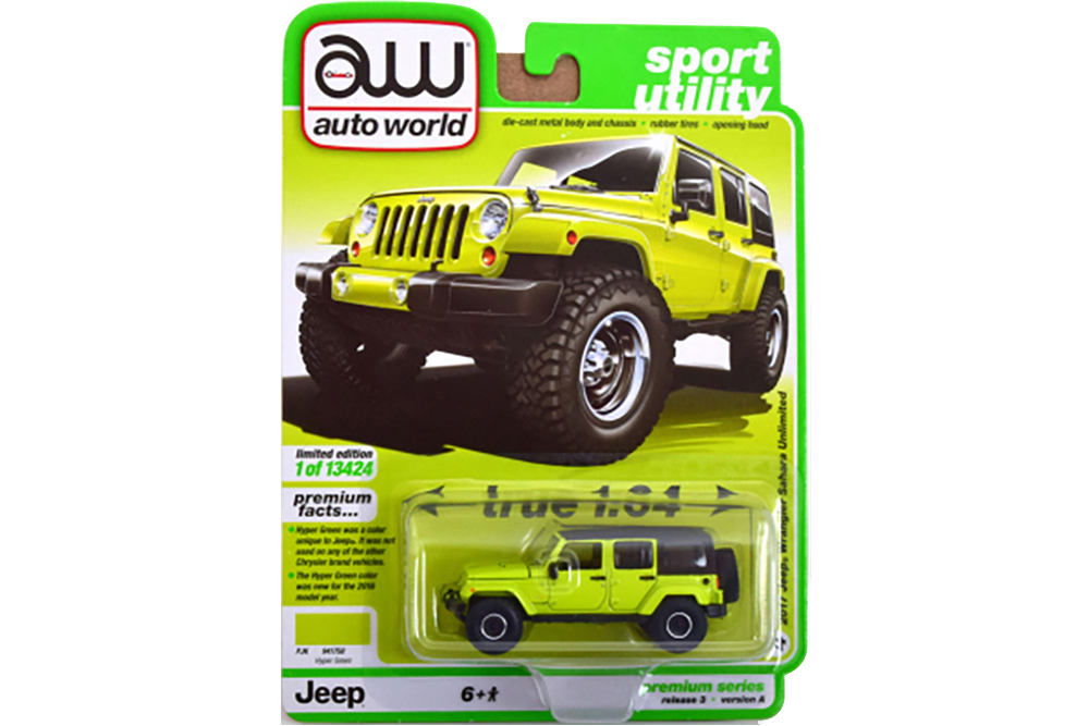 Модель коллекционная AUTO WORLD Jeep wrangler sahara unlimited (2017), light green black