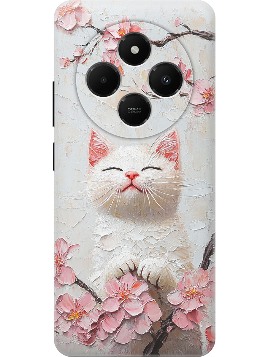 

Силиконовый чехол на Xiaomi Redmi 14C / Poco C75 с принтом "Котик и сакура", Прозрачный;белый;розовый, 786715712
