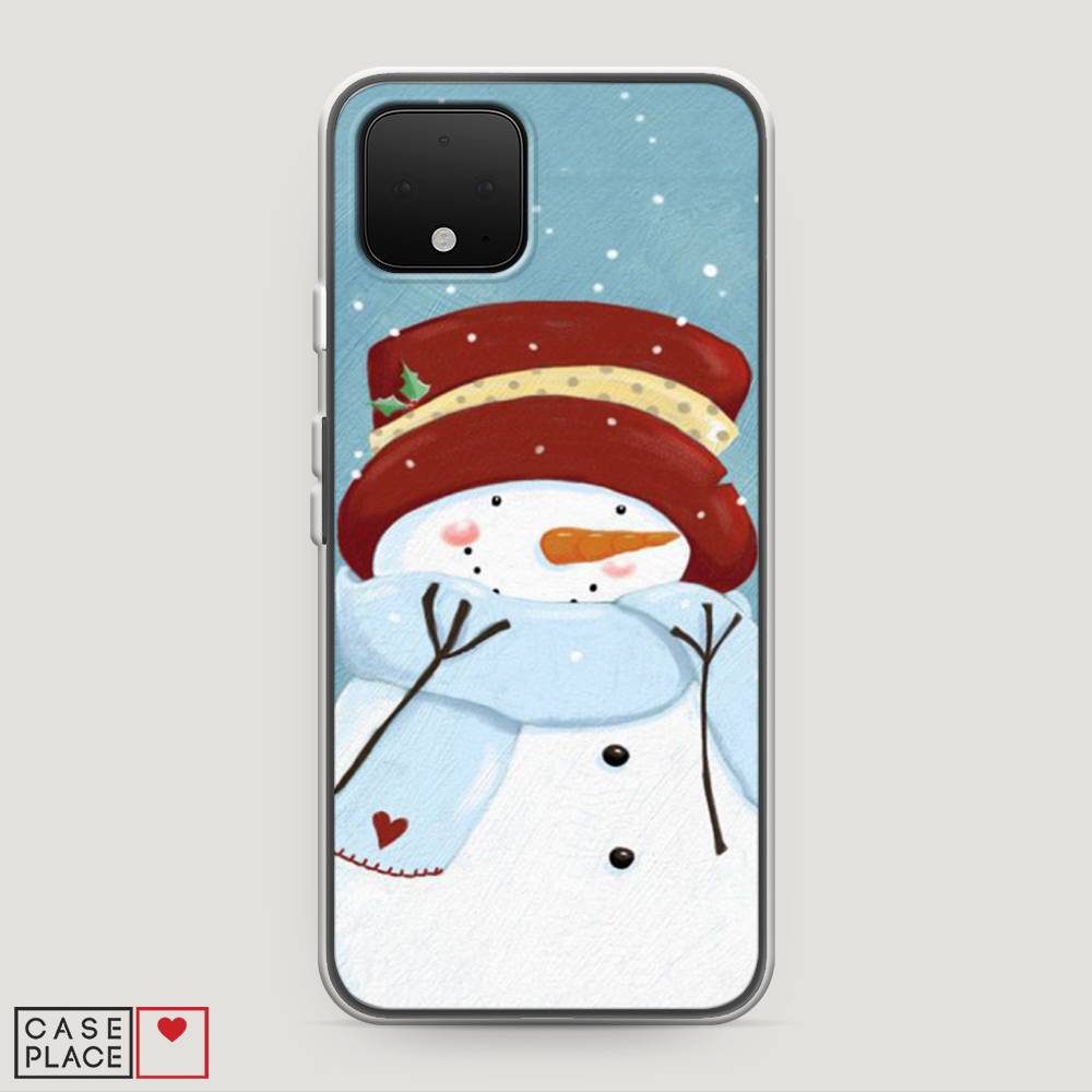 

Чехол на Google Pixel 4 "Застенчивый снеговик", Голубой;белый;красный, 270250-5
