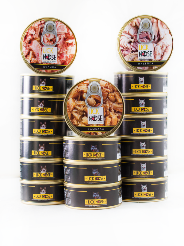 

Консервы для кошек Lick Nose Ассорти, 18шт по 100г: 7шт курица, 7шт индейка, 4шт камбала