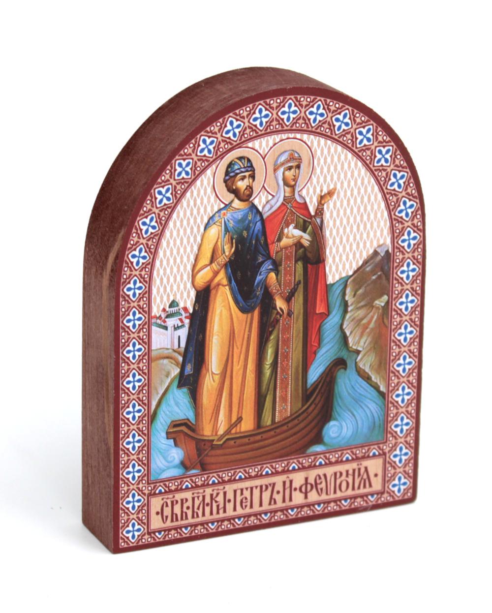 Икона аркой Синопсисъ Петр и Феврония в ладье, на дереве 95х120
