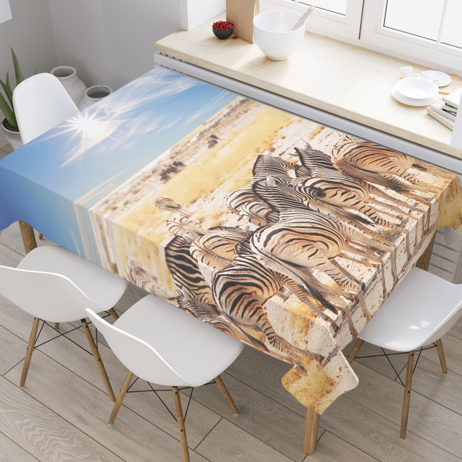 

Скатерть прямоугольная JoyArty "Зебры под солнцем" из оксфорда, 120x145 см, Голубой, Зебры под солнцем