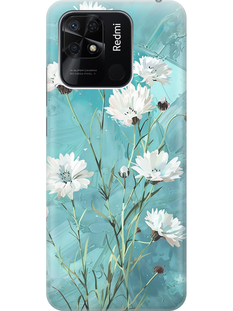

Силиконовый чехол на Xiaomi Redmi 10C с принтом "Белые васильки", Прозрачный;белый;голубой, 736538722
