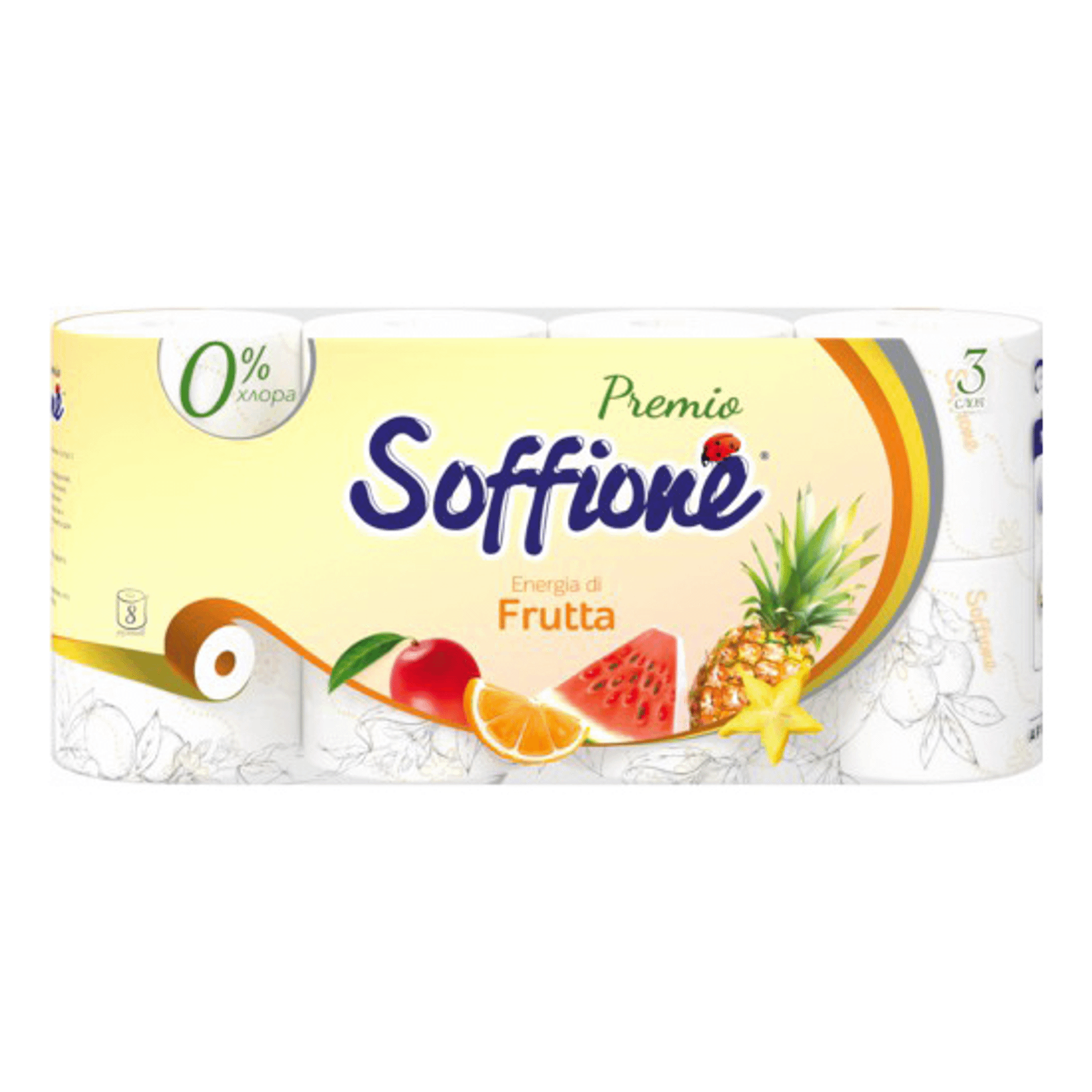 Туалетная бумага Soffione Premio Energia di Frutta 8 шт. бумага 1 сторонняя с золотым тиснением маки плотность 80 гр 24 5х23 см