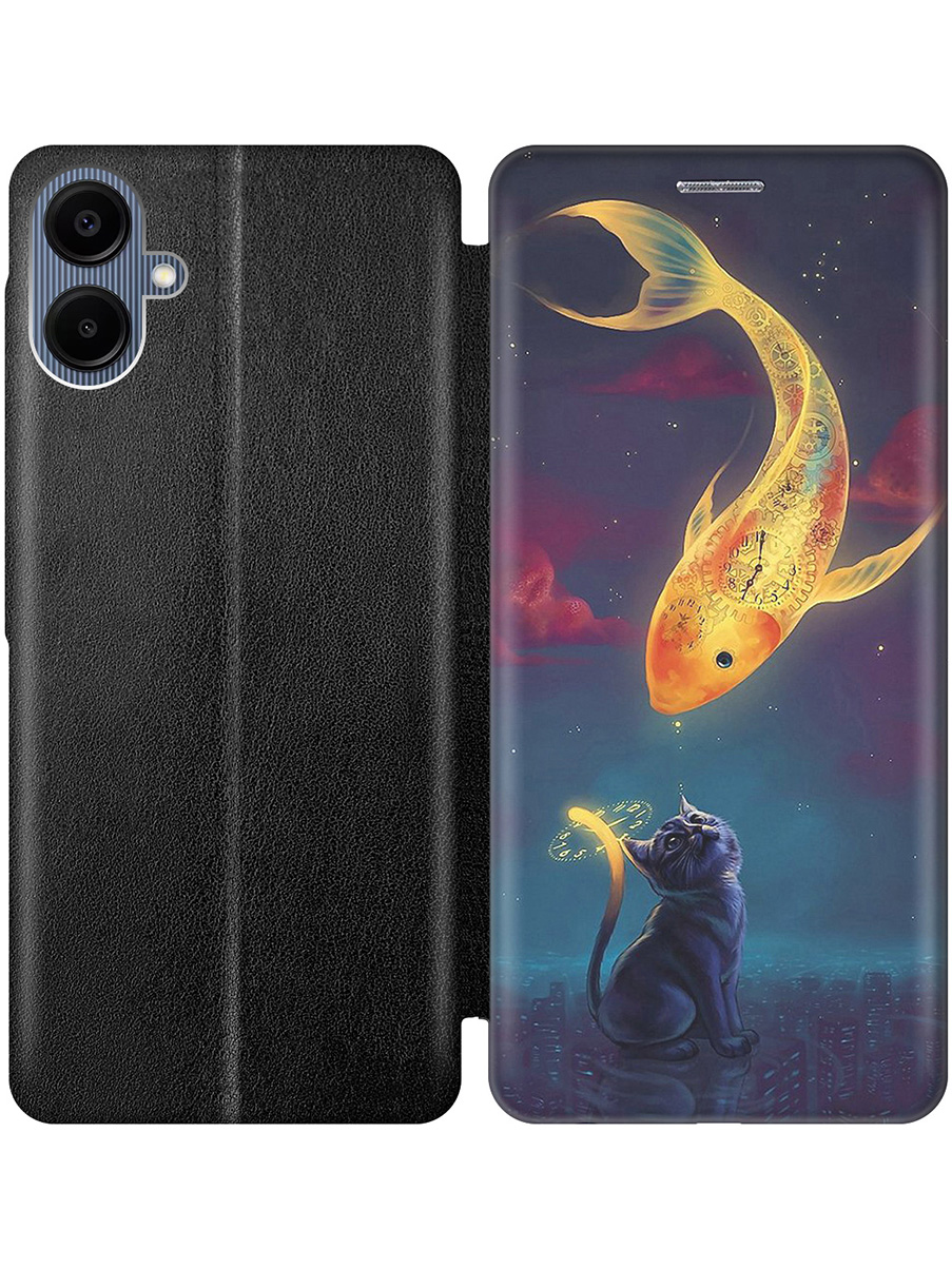 

Чехол-книжка на Samsung Galaxy A06 с принтом "Кот и рыбка" черный, Черный;желтый;серый;синий, 786717585