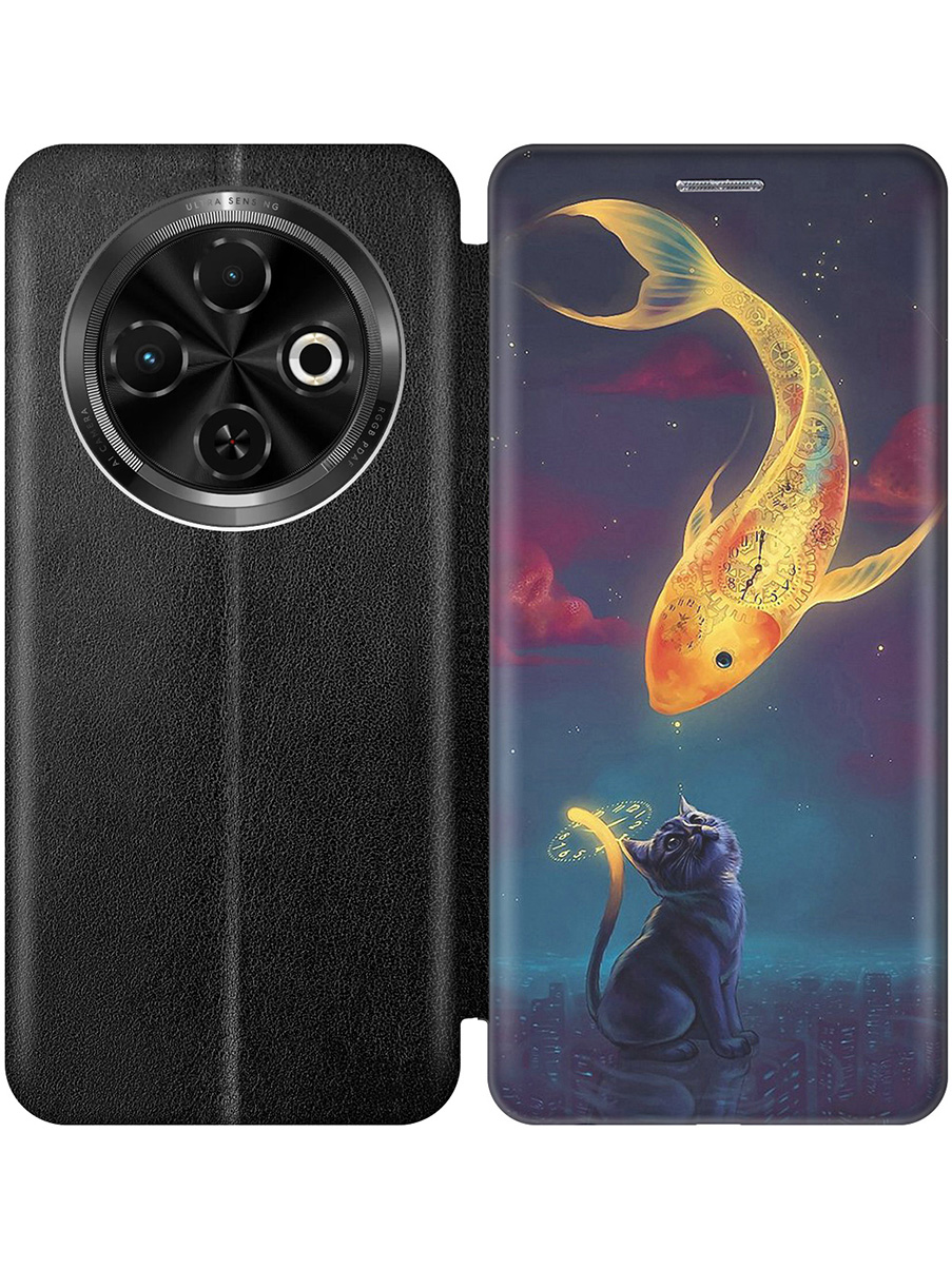 

Чехол-книжка на Tecno Spark 30C с принтом "Кот и рыбка" черный, Черный;желтый;серый;синий, 786716385